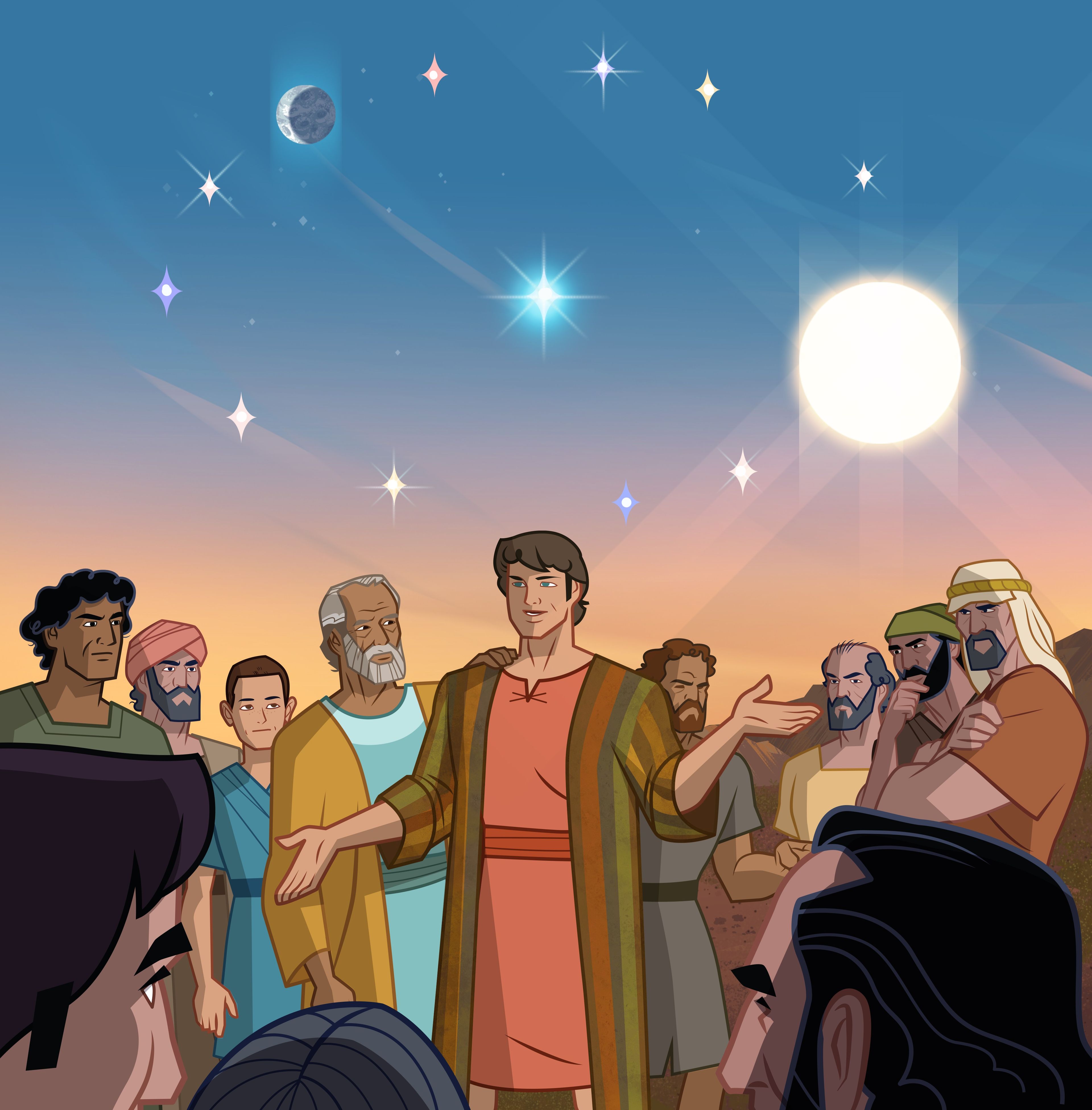 Illustration of Joseph explaining dream about stars. Genesis 37:9–11