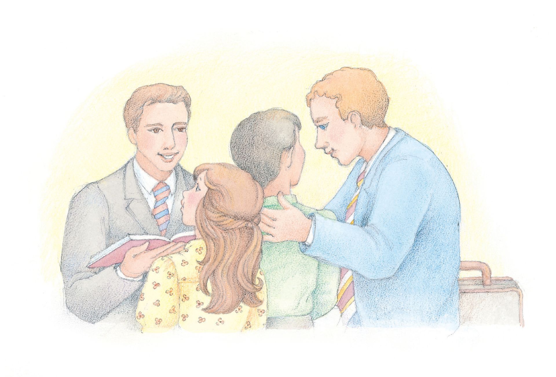 Two missionaries talking to a young boy and girl. From the Children’s Songbook, page 174, “Called to Serve”; watercolor illustration by Phyllis Luch.
