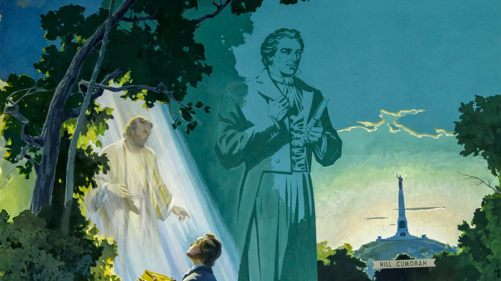A section of the Cody Mural. "Created to tell the story of the Church of Jesus Christ of Latter-day Saints, including the westward expansion of the Mormon pioneers, the Cody Mural is rich in color, content and history. It is a mid-century masterpiece created by the talented and prolific artist Edward T. Grigware and took nearly two years to complete. Grigware’s technical expertise in Western realistic painting, as well as the mural’s one-of-a-kind medium and location create a fascinating work of art and an intricate storytelling device."

 - http://codymural.com/mural/