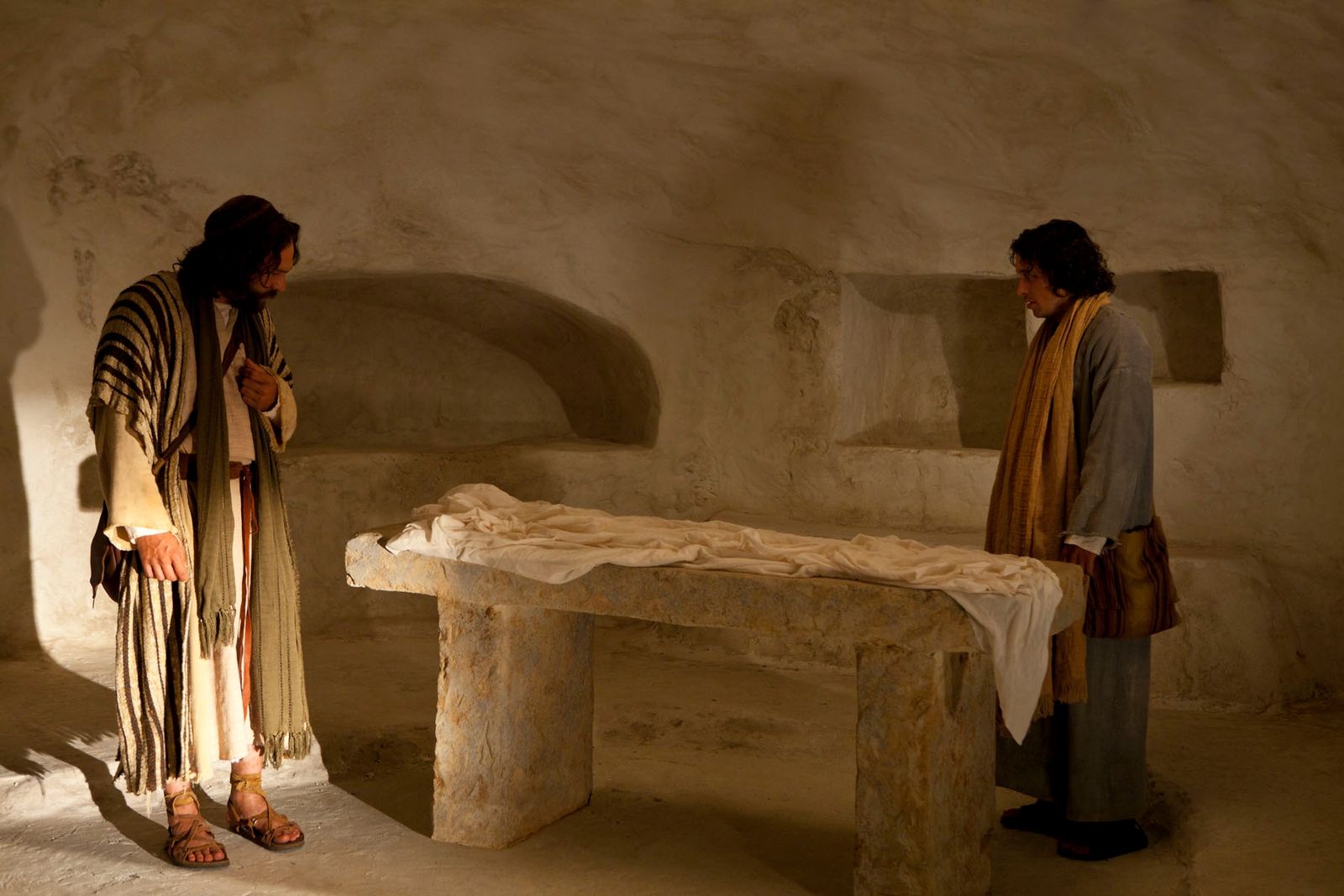 Peter and John enter Christ's tomb to find that He is gone.