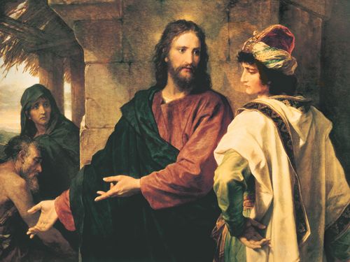 Jesus Christ depicted in red and black robes. Christ is talking to a rich young man. Christ has His arms extended as He gestures toward a poorly dressed man and woman. The painting depicts the event wherein Christ was approached by a young man who inquired of Christ what he should do to gain eternal life. Christ instructed him to obey the commandments and to give his wealth to the poor and follow Him. The young man was unable to part with his wealth and went away sorrowfully. (Matthew 19:16-26) (Mark 10:17-27) (Luke 18:18-27)