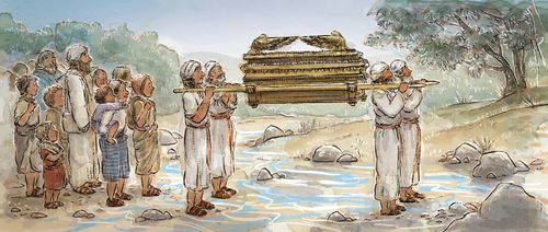 men in white carrying chest across riverbed