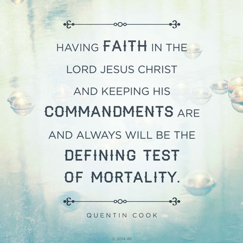 An image of candles on a pool of water, coupled with a quote by Elder Quentin L. Cook: “Having faith in the Lord … always will be the defining test of mortality.”