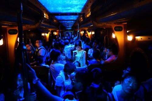 Woman on a train with a cell phone illuminating her face.