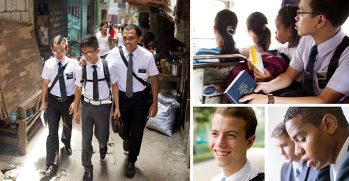 Four separate images. Elder missionaries out walking in an alleyway.  Shot in the Philippines.   (PWO #12508) Missionaries riding in a vehicle.  Shot in the Philippines.   (PWO #12508) Elder missionaries in Hong Kong.  They are walking outdoors.  (PWO #12618) Missionaries in Portugal teaching a woman.  (PWO #12548)