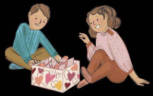 Two kids putting things in a box with hearts in it. 