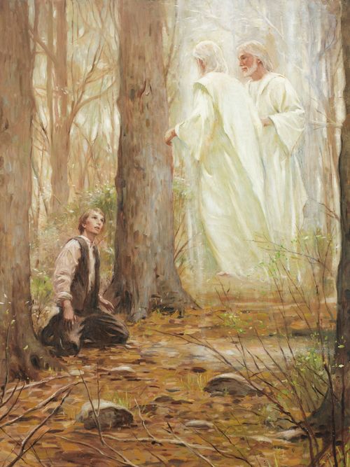 Lukisan Joseph Smith berlutut di hadapan Allah Bapa dan Yesus Kristus di Hutan Sakral.