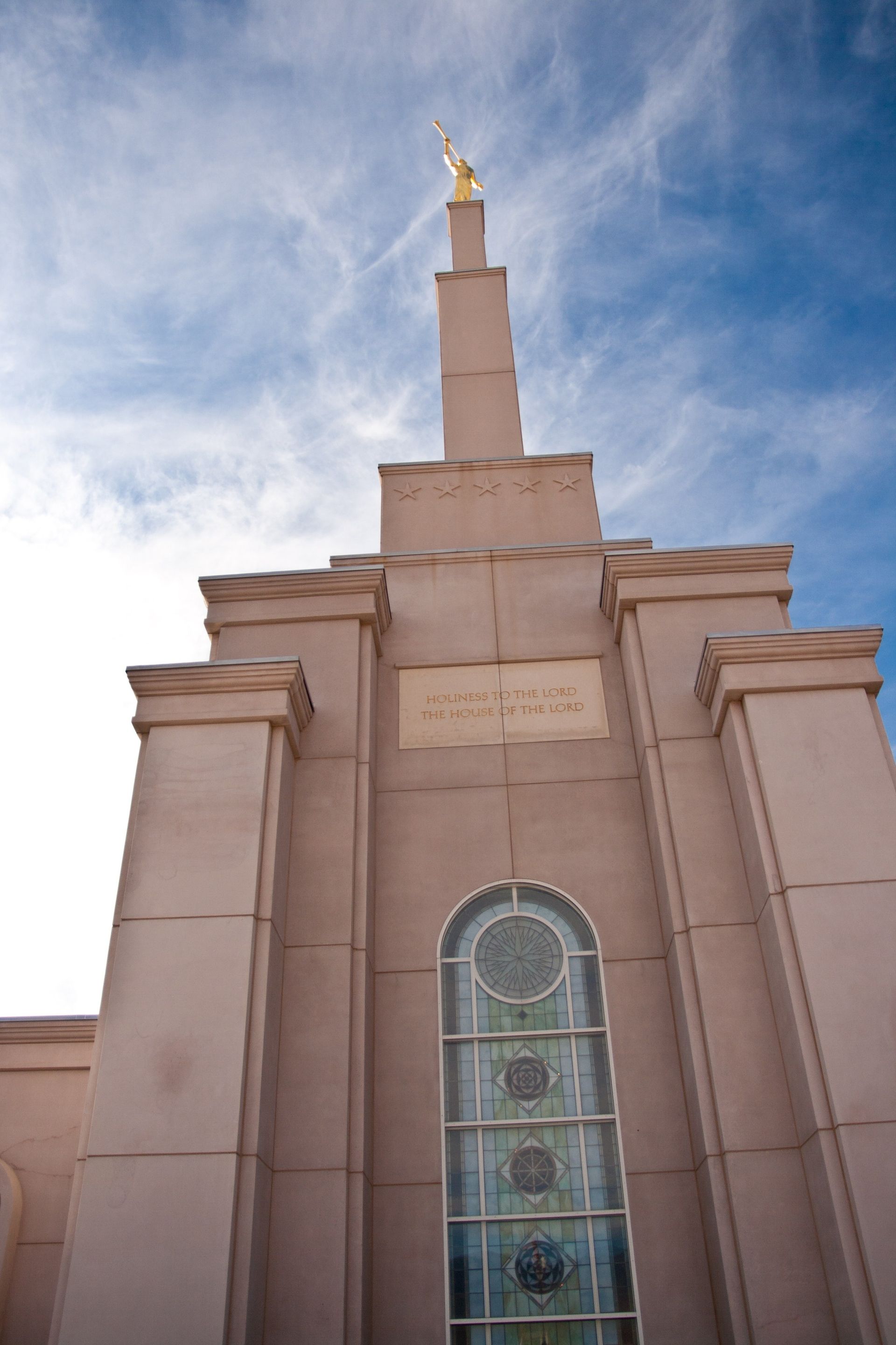 An upward view of the angel Moroni atop the spire of the Albuquerque New Mexico Temple.