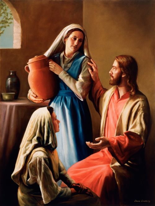 Jesus Christ talking with Mary and Martha of Bethany.