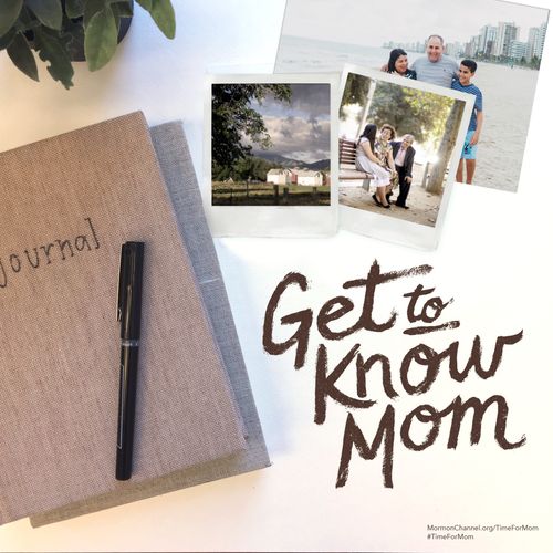 A photograph of a journal and some family photos on a table, paired with the words “Get to know Mom.”