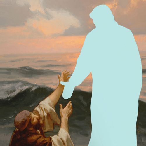pintura de Jesus Cristo e de Pedro a andarem sobre a água, com a imagem de Jesus Cristo cortada