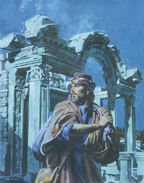 A painting by Paul Mann depicting Achan running outside at night with a purple bag and looking over his shoulder.