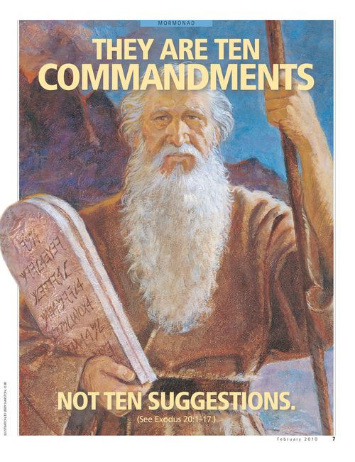 A painting of Moses holding stone tablets, paired with the words “They Are Ten Commandments, Not Ten Suggestions.”