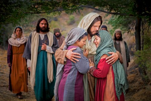 depiction of Jesus embracing Mary and Martha