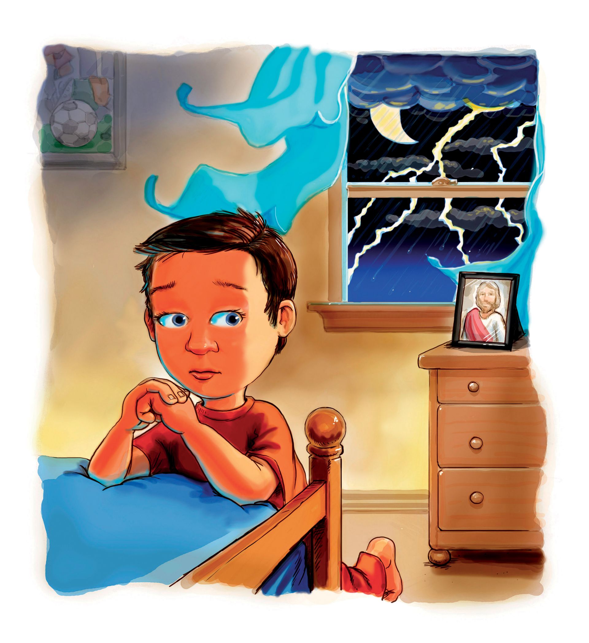 A little boy kneels by his bed and prays while a thunderstorm goes on outside his bedroom window.