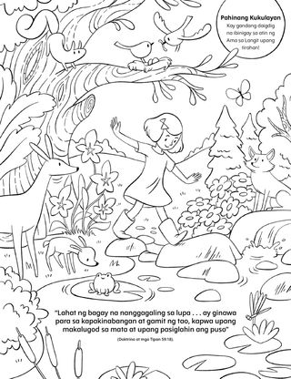 a coloring page of a girl walking through a forest scene