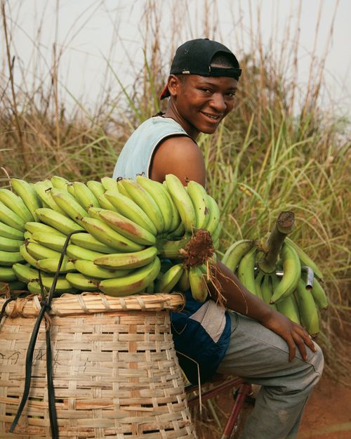 A young African man sitting on a bike seat, carrying a large bunch of bananas on his front handles and on a woven basket behind the seat.