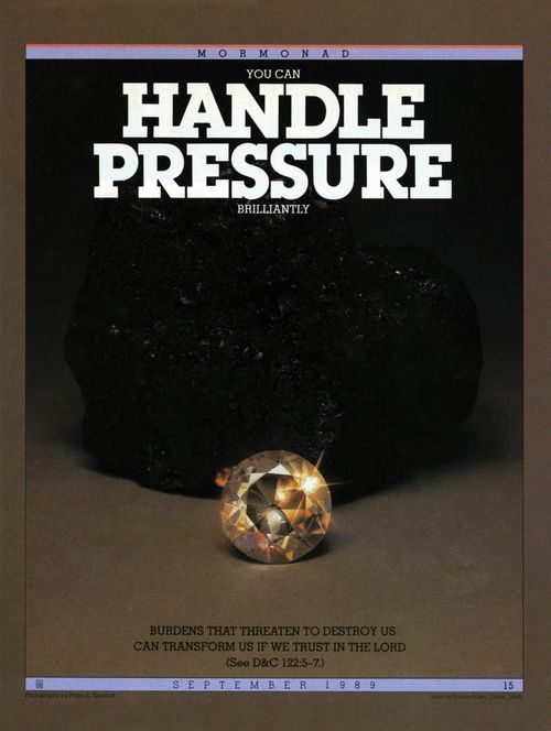A conceptual photograph of a large chunk of coal next to a sparkling diamond, paired with the words “You Can Handle Pressure Brilliantly.”