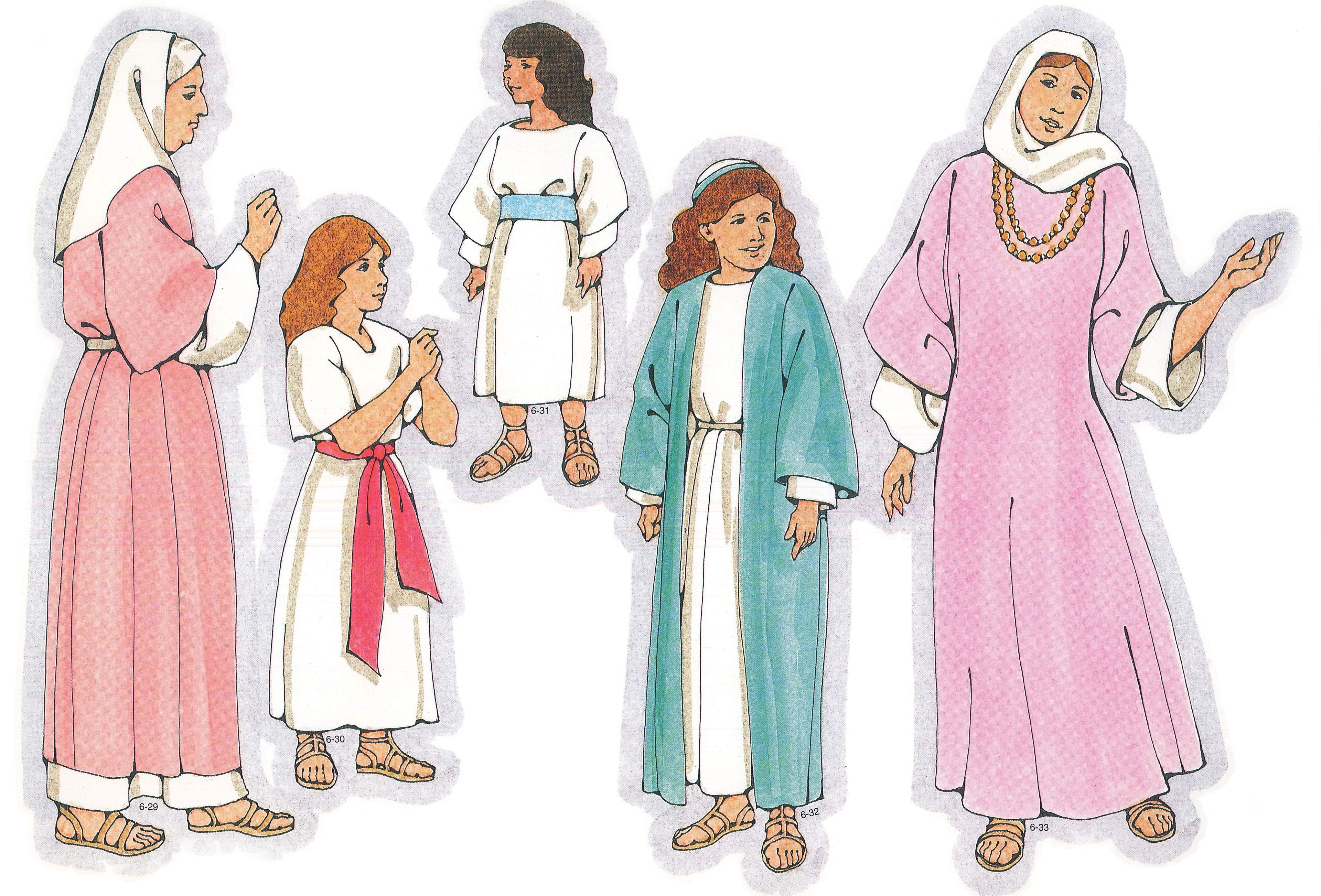 Primary Visual Aids: Cutouts 6-32, Nephite Young Woman; 6-33, Nephite Woman; 6-29, Nephite Aged Woman; 6-30, Nephite Girl in White; 6-31, Lamanite Girl.