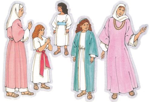 Primary cutouts of a Nephite young woman in blue, a Nephite woman in purple, a Nephite aged woman in pink, a Nephite girl in white, and a Lamanite girl.