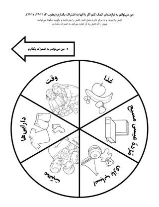 صفحهٔ فعالیت این هفته: وقتی با دیگران قسمت می‌کنم می‌توانم به کسانی که نیازمند هستند، کمک کنم.