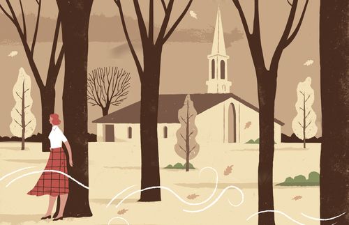 illustration of a woman standing behind a tree by a church building