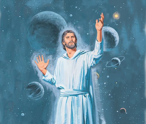 Jesus Christ creating the earth.  He stands with arms upraised and planets in the background. - intro.-7