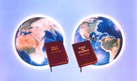 eastern hemisphere with Bible, western with Book of Mormon