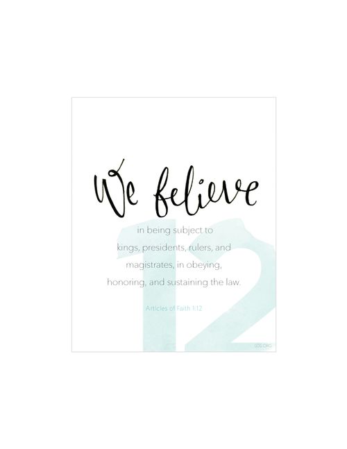 A white background with a large number 12 printed in green, paired with the words of Articles of Faith 1:12.