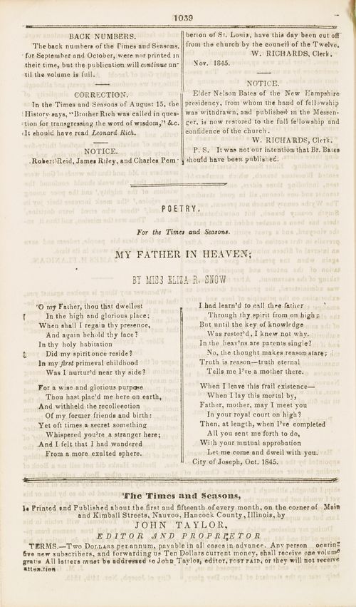 Eliza R. Snow poem “My Father in Heaven”