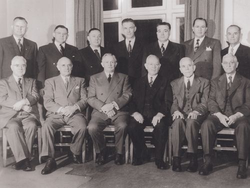 Quorum of the Twelve ca. 1950 [Back Row Left to Right: Delbert L. Stapley, Henry D. Moyle, Matthew Cowley, Mark E. Petersen, Harold B. Lee, Ezra Taft Benson, Spencer W. Kimball; Front Row Left to Right: John A. Widtsoe, Stephen L. Richards, David O. McKay, Joseph Fielding Smith, Joseph F. Merrill, A.E. Bowen.