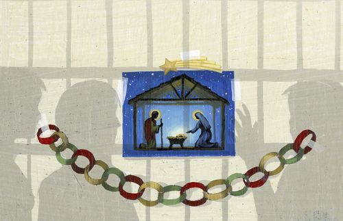 小型的耶穌誕生場景，背景有小孩剪影