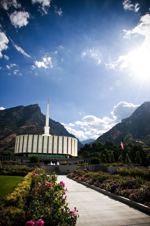 The entire Provo Utah Temple, with a view of the path on the grounds leading up to the temple.