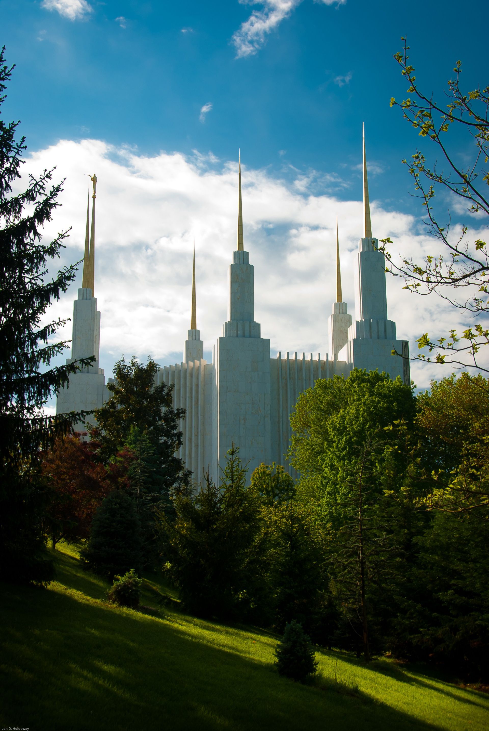 The Washington D.C. Temple, including the spires and scenery.