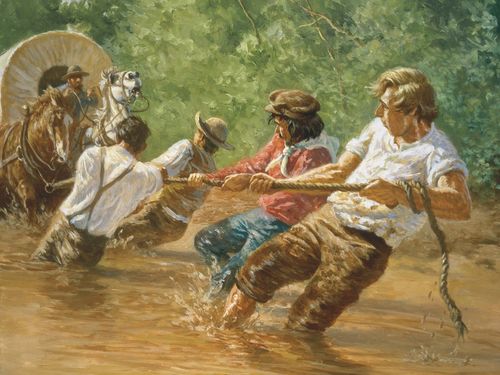 Joseph Smith and other men pulling a covered wagon