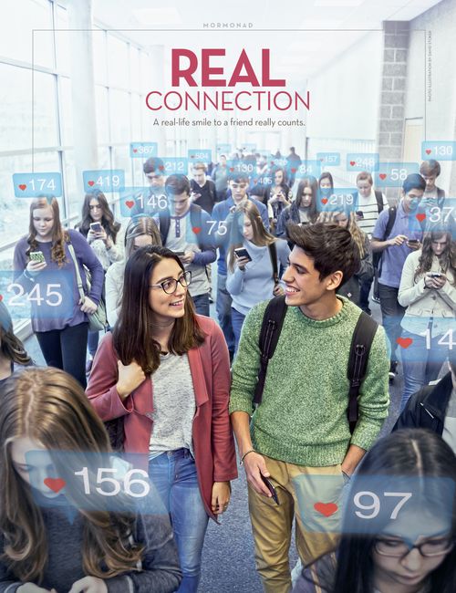 A hallway full of people stare at their phones with social media hearts floating over their heads, while a man and woman who aren't on their phones smile at each other.