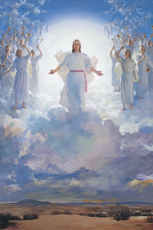 The resurrected Jesus Christ (wearing white robes with a magenta sash) standing above a large gathering of clouds. Christ has His arms partially extended. The wounds in the hands of Christ are visible. Numerous angels (each blowing a trumpet) are gathered on both sides of Christ. A desert landscape is visible below the clouds. The painting depicts the Second coming of Christ. (Acts 1:11)