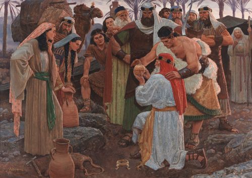 The Book of Mormon prophet Lehi portrayed kneeling on the ground. Lehi is holding the Liahona in his hands. Nephi is standing behind Lehi and is also looking at the Liahona. Other members of the family of Lehi are gathered around Lehi and Nephi.