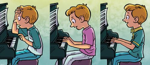 Момче се упражнява да свири на пиано