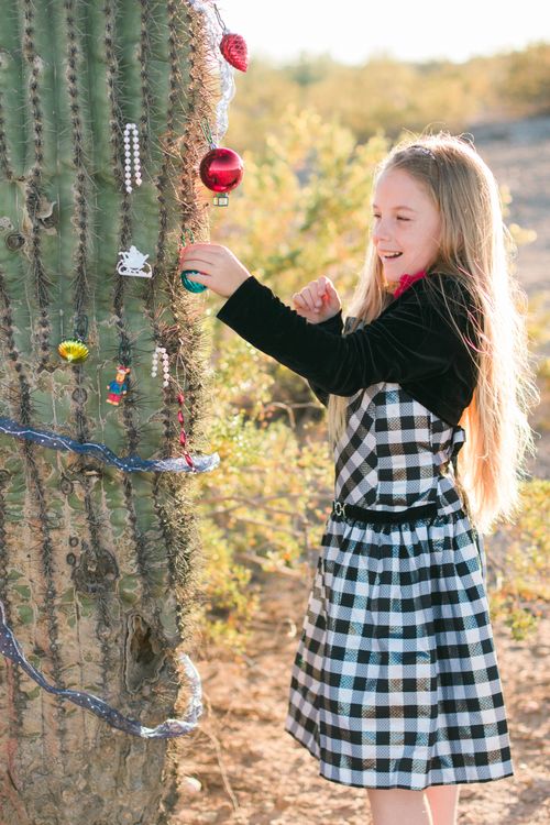 A young girl decorates a large cactus with Christmas ornaments.