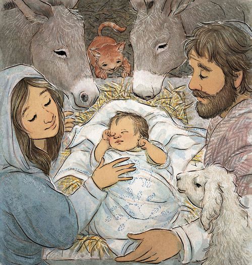 Mary and Joseph looking at the baby Jesus lying in a manger with barn animals around them.