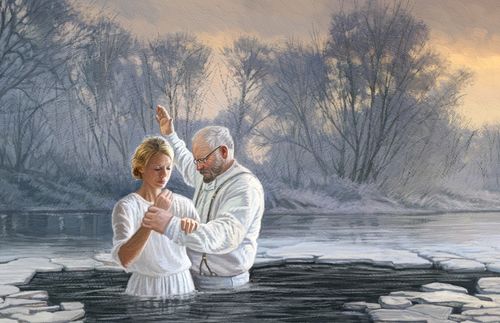 illustration of a baptism taking place in an icy river