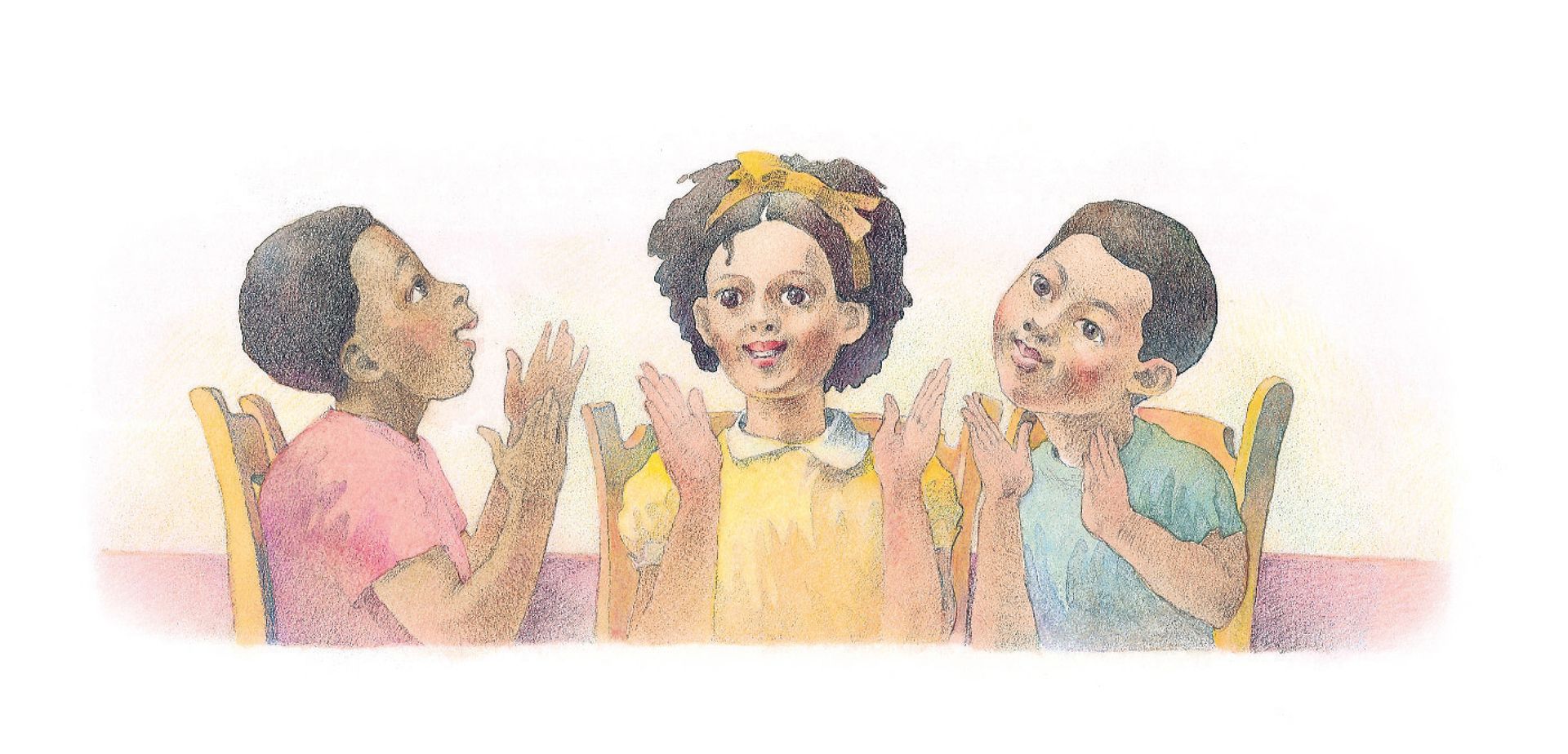 Three children clap and sing together. From the Children’s Songbook, page 266, “If You’re Happy”; watercolor illustration by Richard Hull.