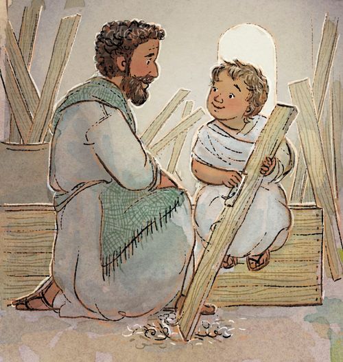 Jesus, as a boy, is learning about carpentry from Joseph.