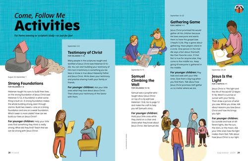 Spread with illustration of kids doing different home evening activities