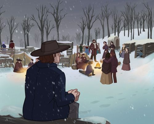 Brigham and others living in a snowy camp.