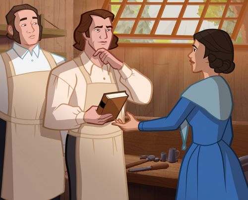 Rhoda sharing the Book of Mormon with her brother, Brigham Young.