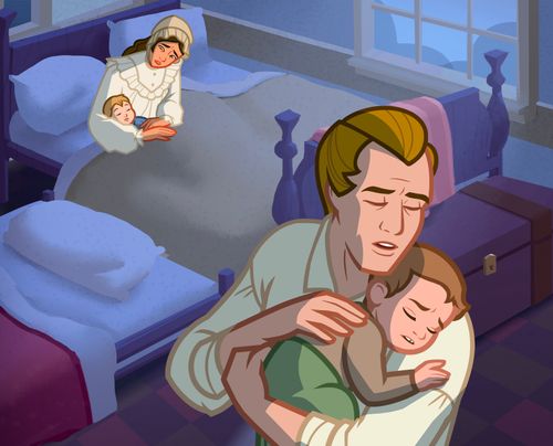 Emma and Joseph Smith caring for their sick baby.