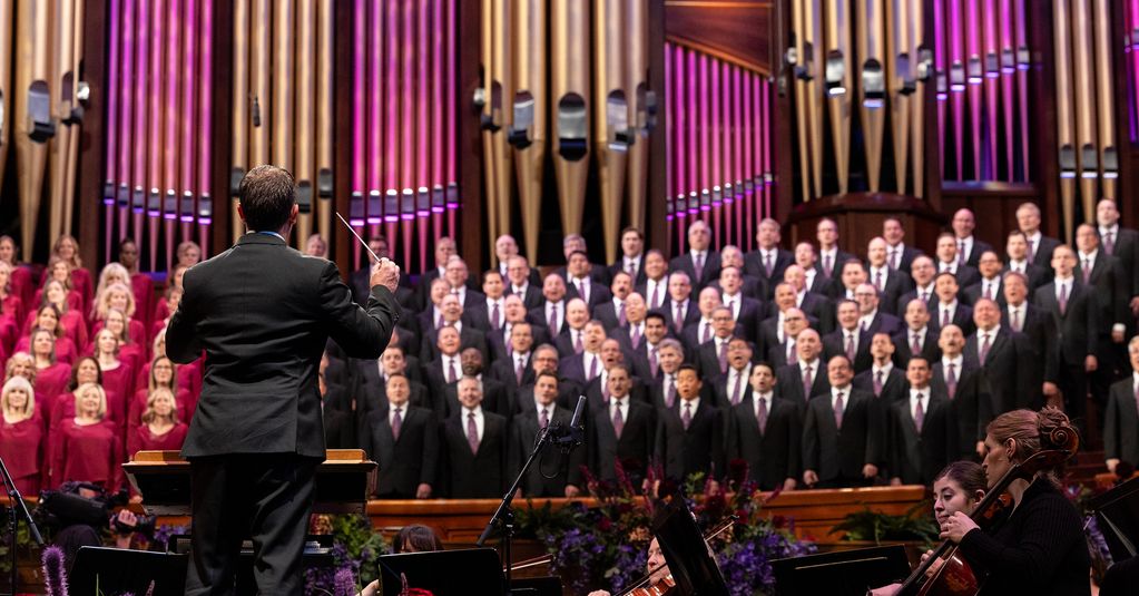 Various shots of the Tabernacle Choir and the Orchestra at Temple Square during Music and the Spoken Word Broadcast