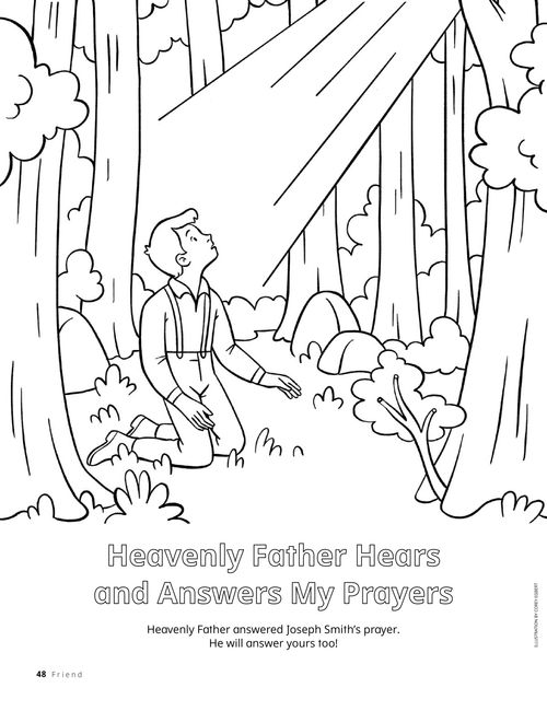 PDF of coloring page with image of Joseph Smith praying in the Sacred Grove